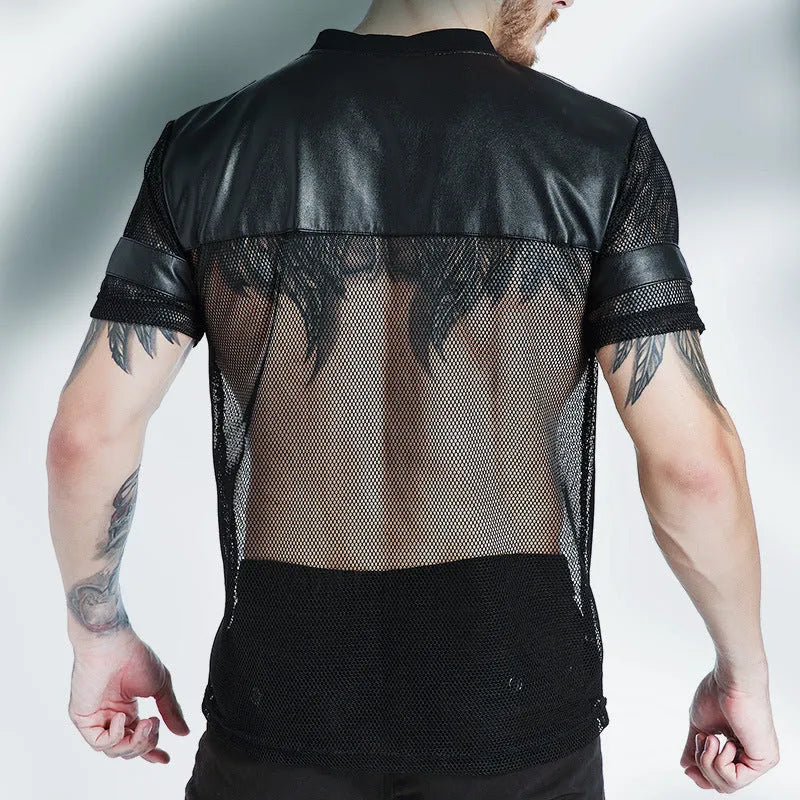 Men's black breathable mesh running T-shirt with V-neck stitching, casual sports top