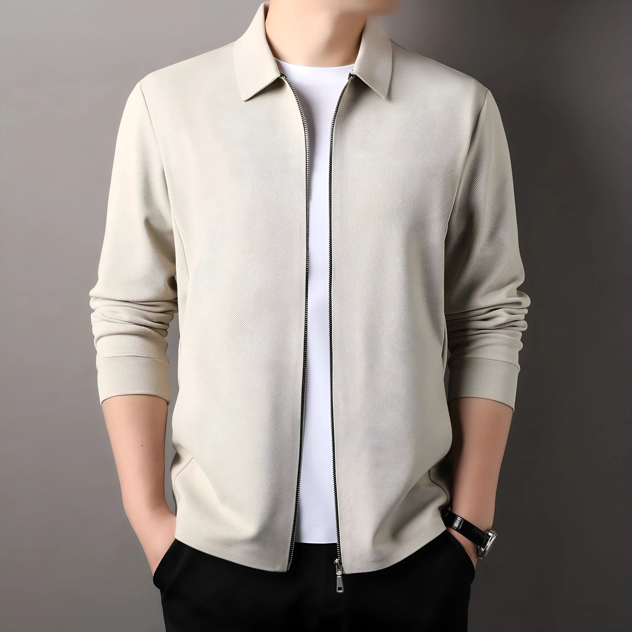 Men's casual business jacket in polyester, shown in black, dark grey or apricot with long sleeves and straight hem.