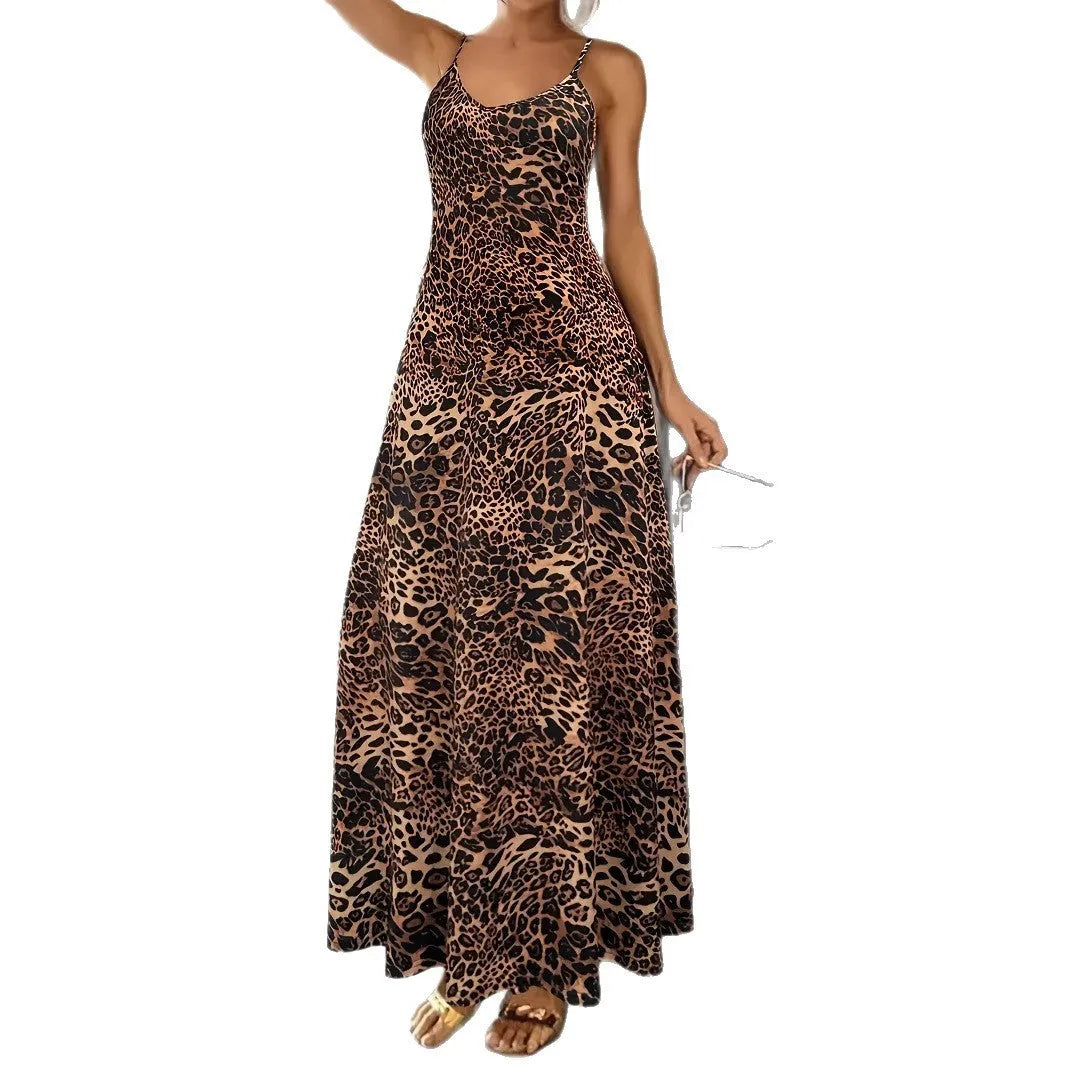 Dark brown leopard print milk silk dress with sleeveless shoulder strap design and round neck