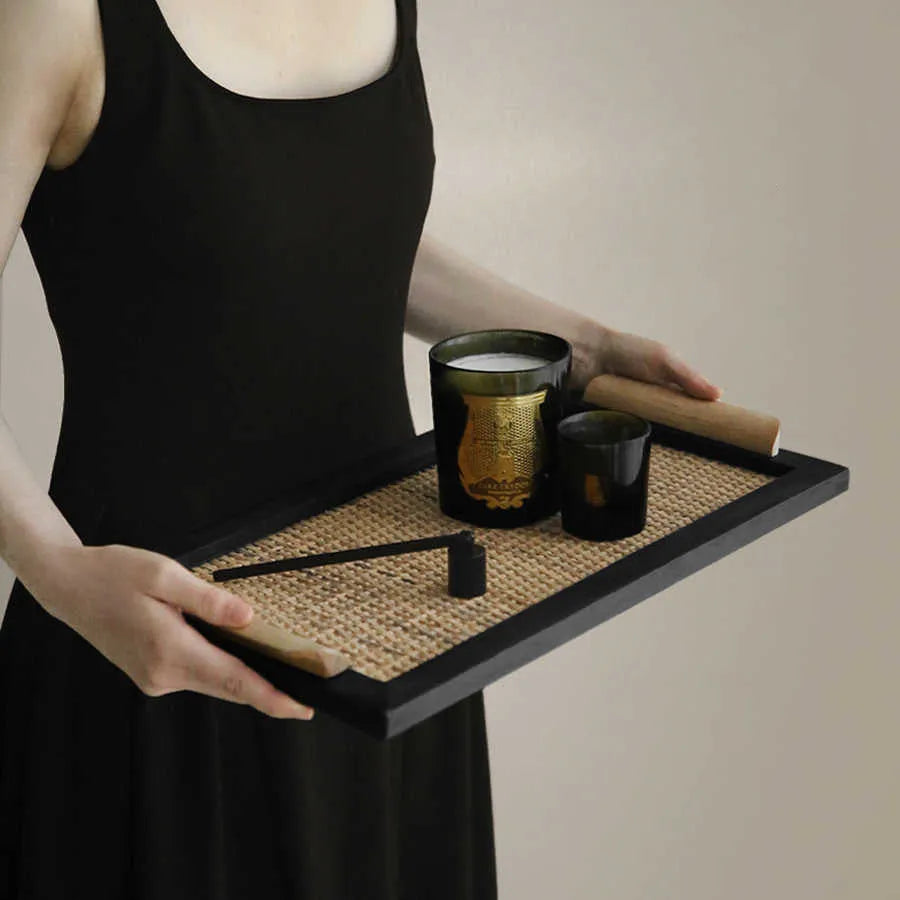 Pine wood serving tray with compartments for cups and snacks, shown in small and large size options.