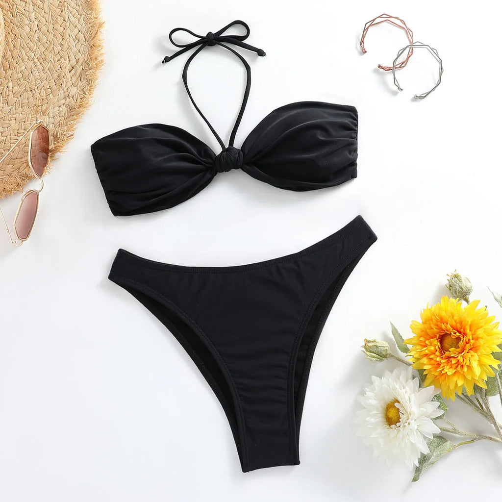 Black polyester women's bikini set with lace-up tube top and matching briefs