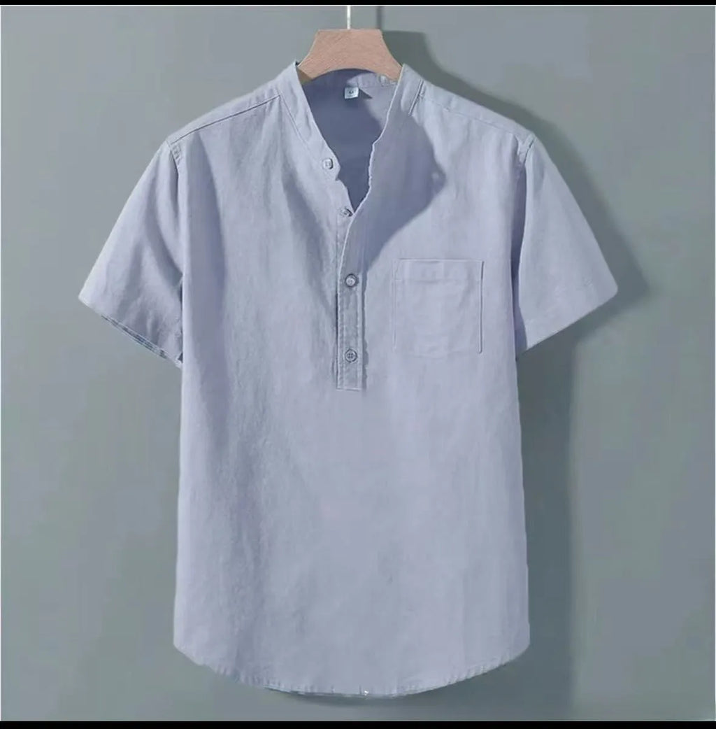 Men's casual stand collar short sleeve linen shirt in solid colour