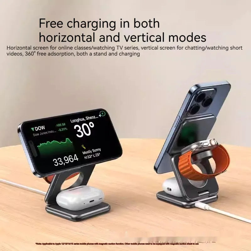 White foldable magnetic wireless charger phone holder showing compact size and charging indicator light.