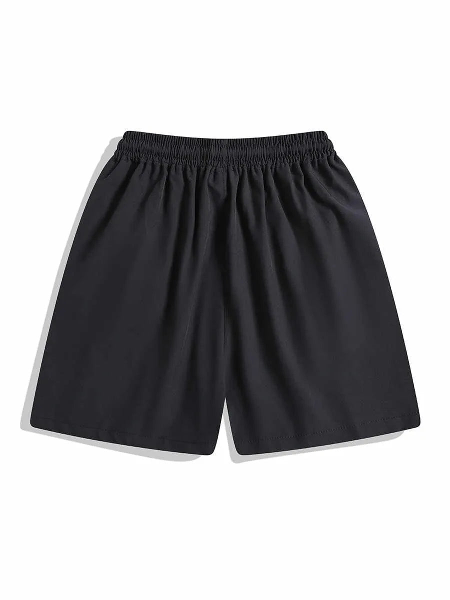 Black loose-fit quick-dry sports shorts with an elastic waistband on a manikin.