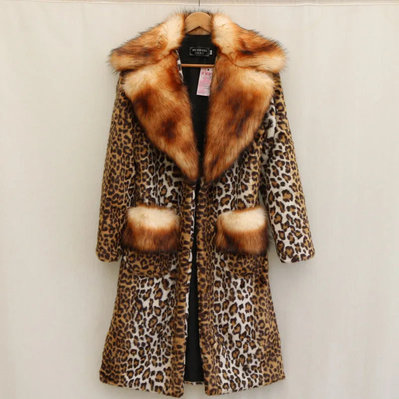 Long leopard print artificial fur jacket with regular sleeves on a hanger.