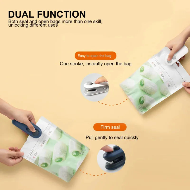 Handheld vacuum bag sealer in blue with USB charging port and cutter blade