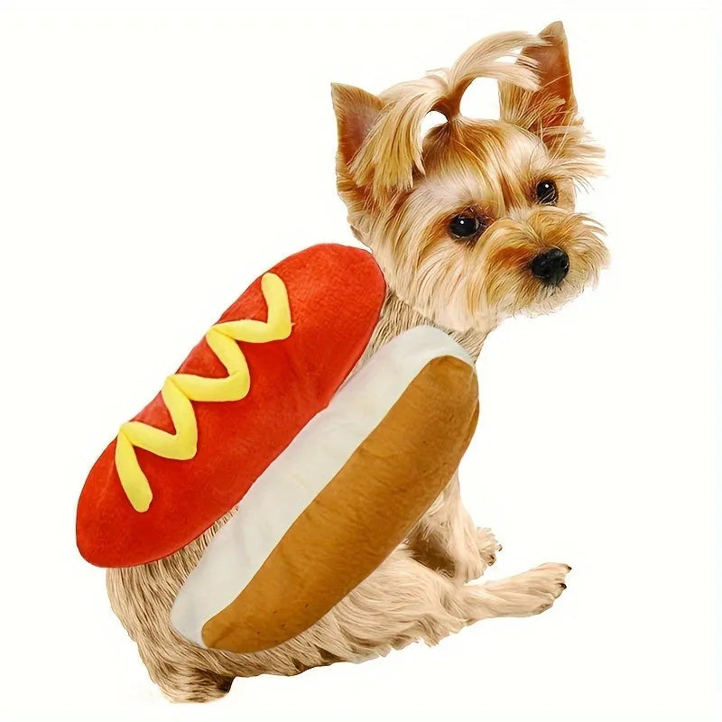 Brown and beige stuffed hot dog dog costume outfit on small dog for winter clothing and party cosplay