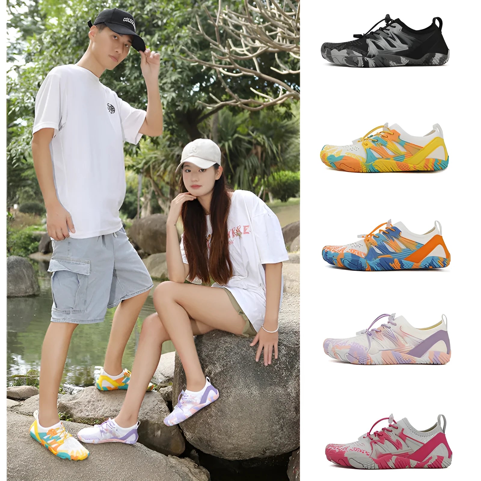 Quick-drying lace-up beach shoes in various colours with mesh upper and rubber sole