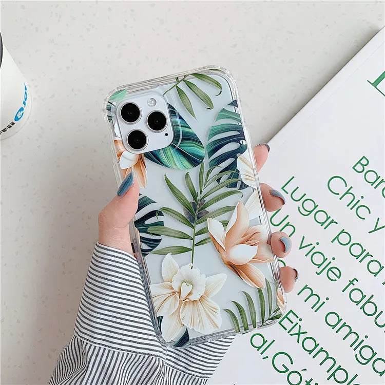 Green leaf flower transparent silicone phone case for iPhone showing drop protection