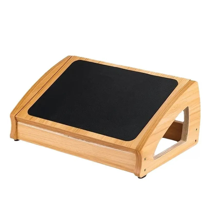 Wooden bamboo office desk footstool in natural wood colour for adult ergonomic support