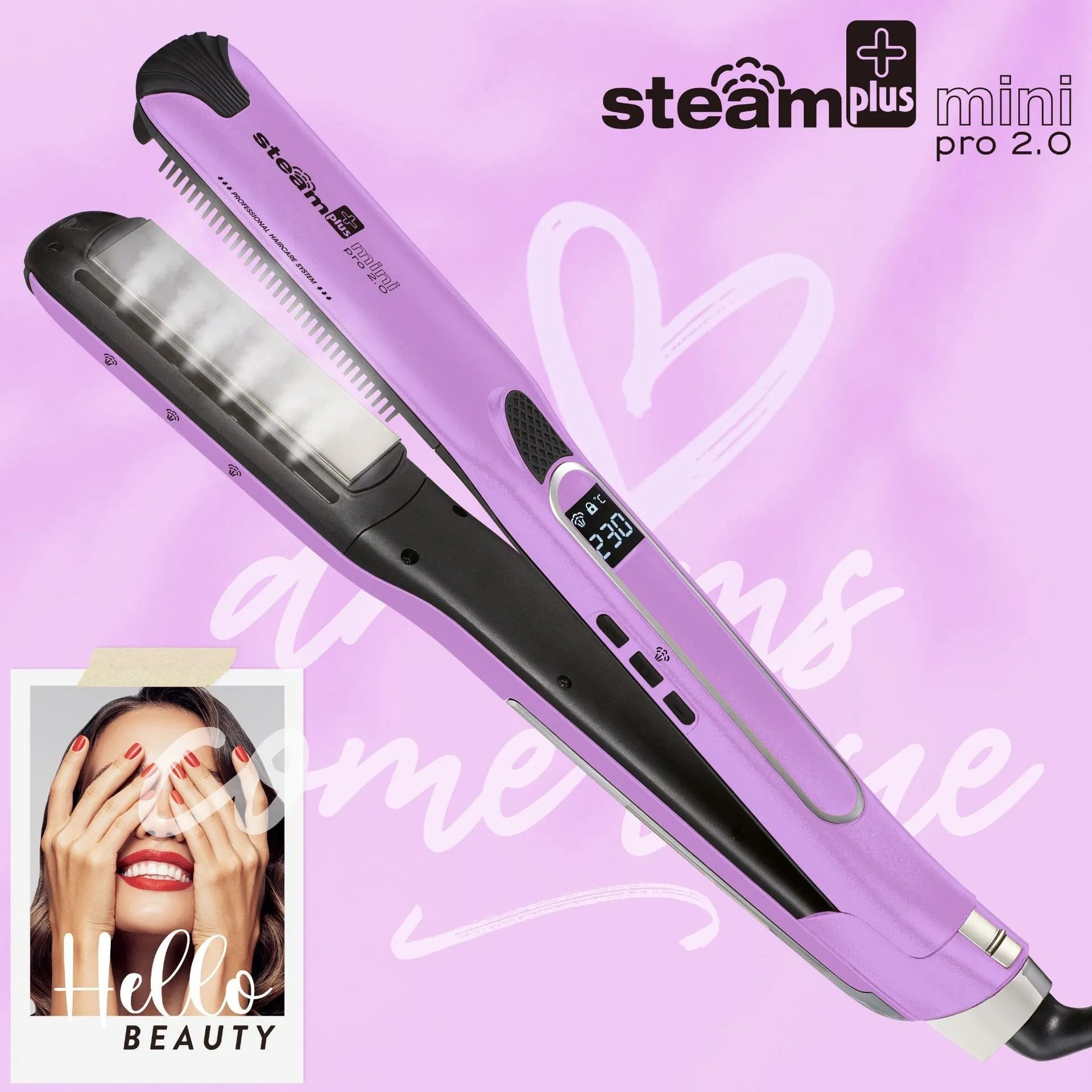 Mini steam hair straightener and curling iron in champagne, purple or rose red colour