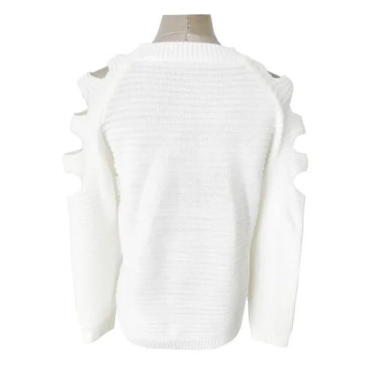 Women's grey rabbit fur hollow-out knitted long sleeve pullover shirt on a hanger.