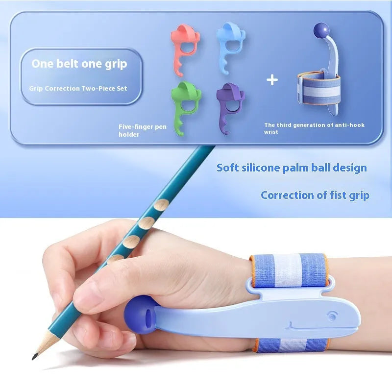 Anti-hook wrist brace pen control corrector for children's handwriting training in blue colour