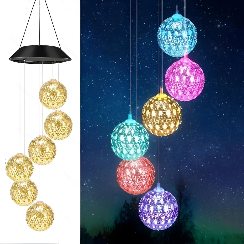 Solar wind chime LED landscape garden lamp with APS resin plastic, Morocco golden ball design, black shell 6 lights
