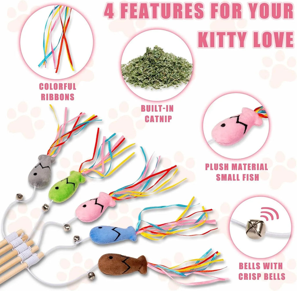 Cat wand toy with wooden handle, colourful ribbons, catnip fish attachment and bell for indoor feline play