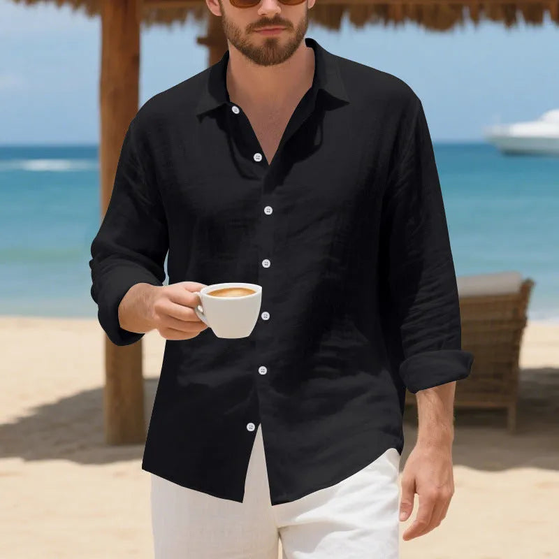 Man wearing a loose fit linen casual shirt in army green colour, showing button-up front and non-ironed texture.