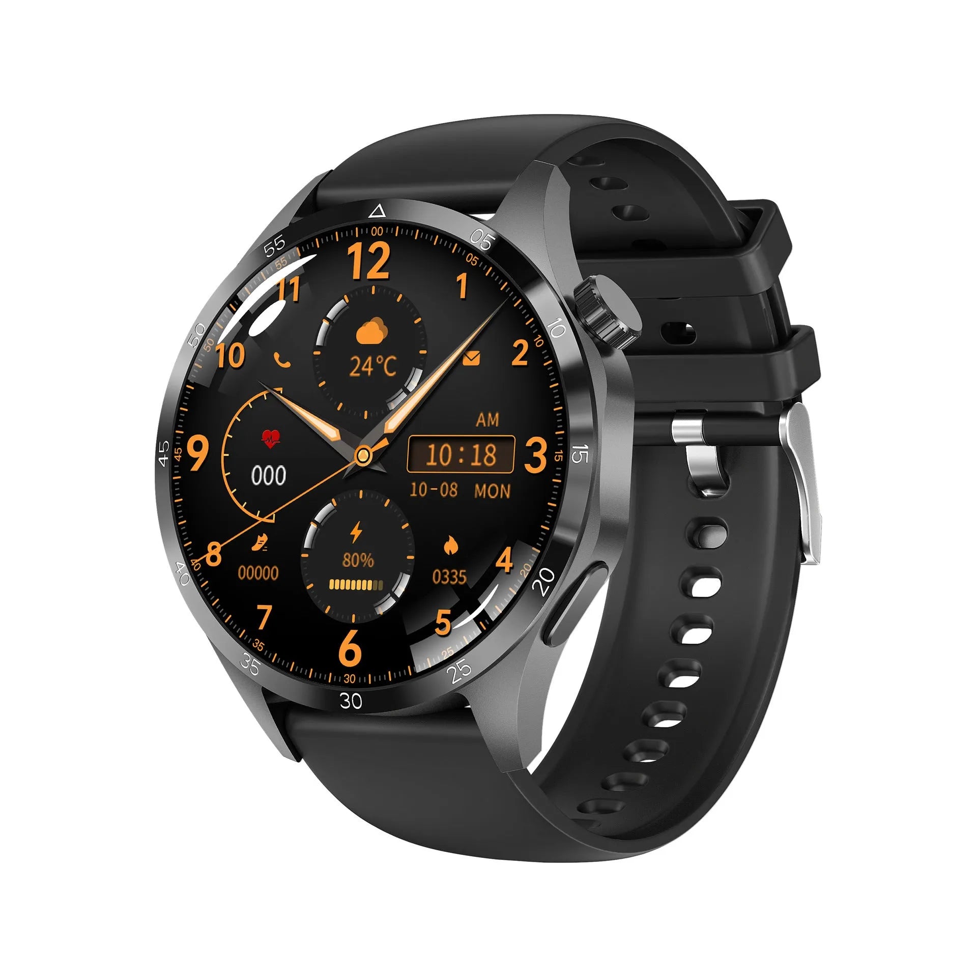 Black smartwatch with Bluetooth call function and health monitoring on a silicone strap