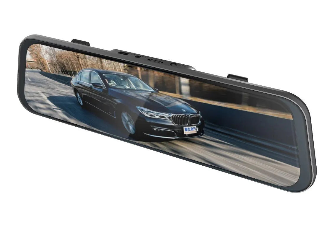 Black driving recorder rearview mirror with 10-inch touch screen displaying road footage