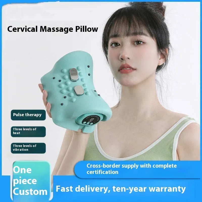 Blue-green cervical spine massage pillow showing compact 17cm design with hot compress and vibration functions