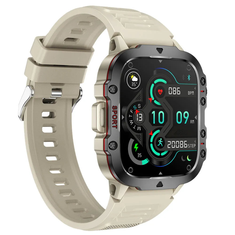 QX11 smartwatch with black zinc alloy case and TFT touch screen displaying heart rate data.