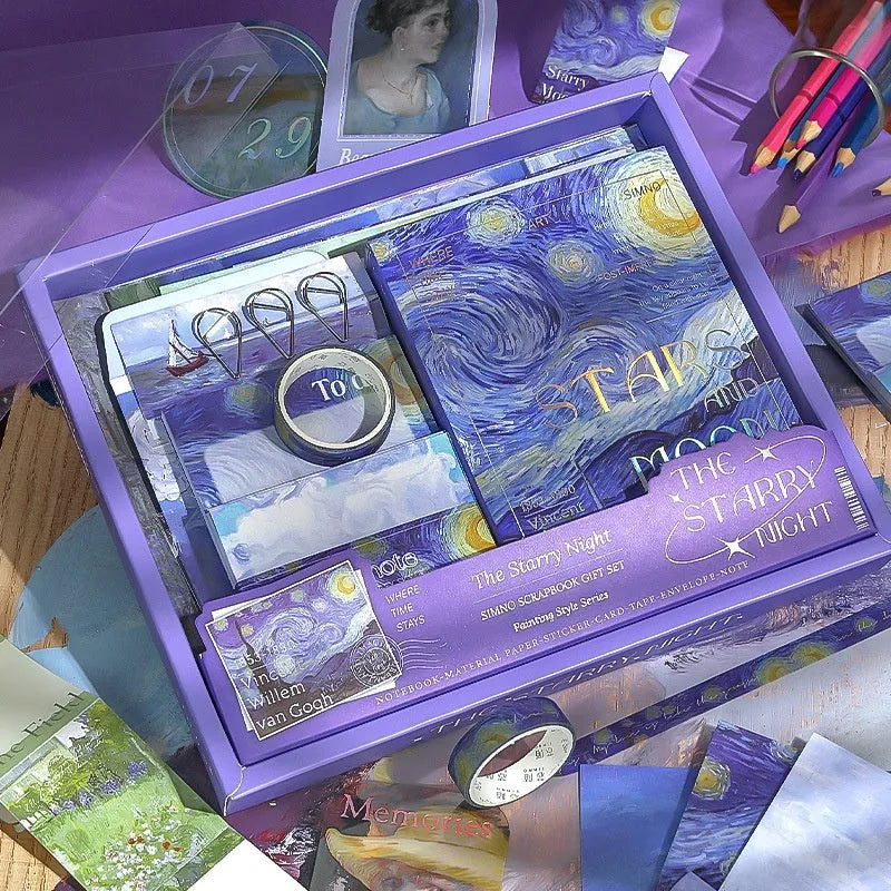 Creative journal gift box with A6 plaid notebook and accessory set including paper, stickers, cards, and photo frames
