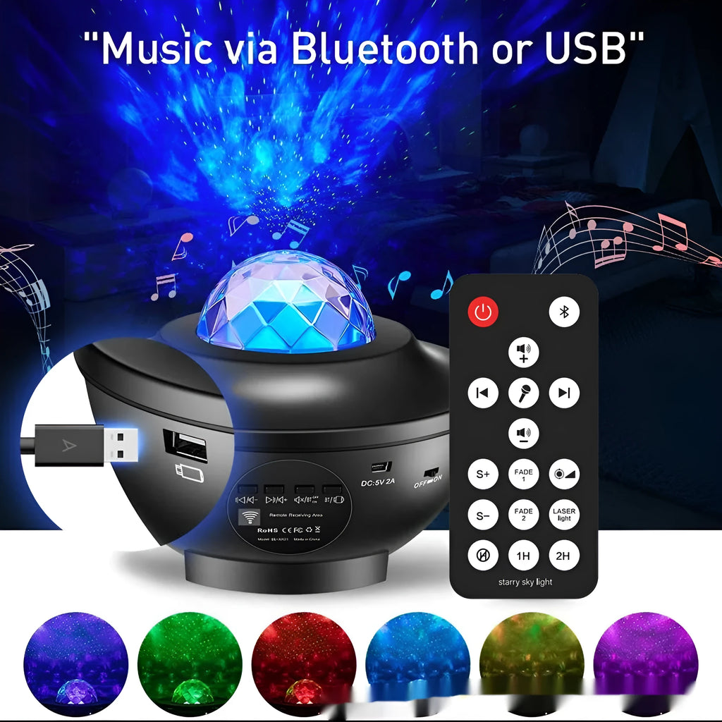 Black desktop projection lamp showing starry sky patterns with water ripple laser effects