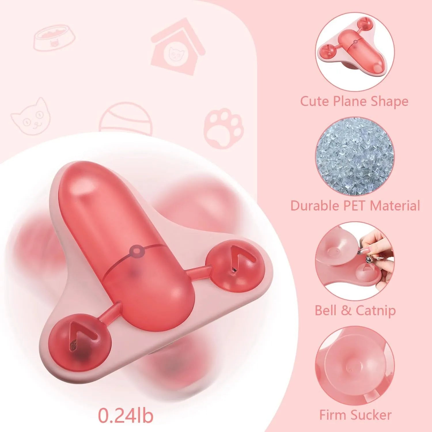 Blue interactive pet puzzle toy with bell, catnip spot, and airplane snack cabin on a smooth floor.