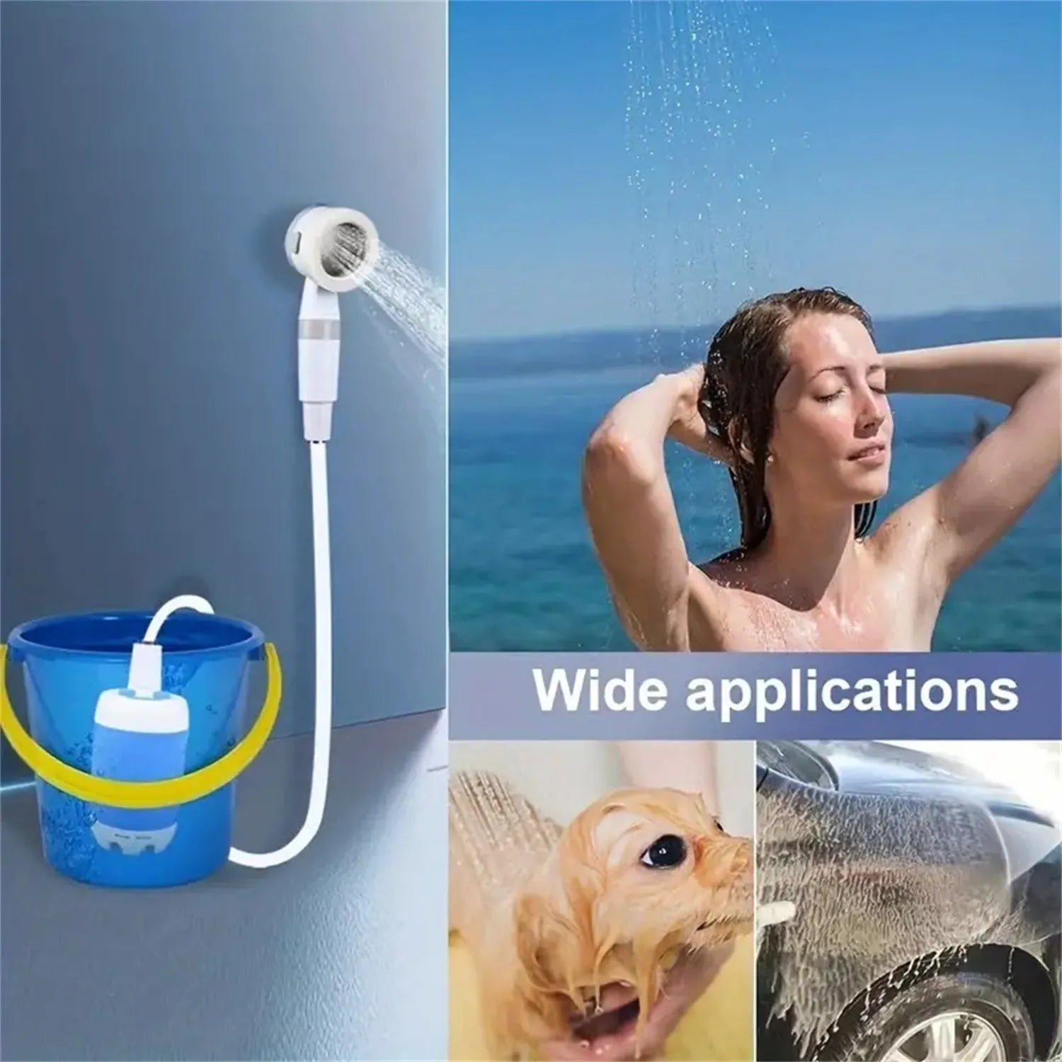 Portable outdoor camping electric shower with 5000mAh rechargeable battery, ABS plastic, IPX7 waterproof, two water output modes, includes pump, showerhead, and shower rack