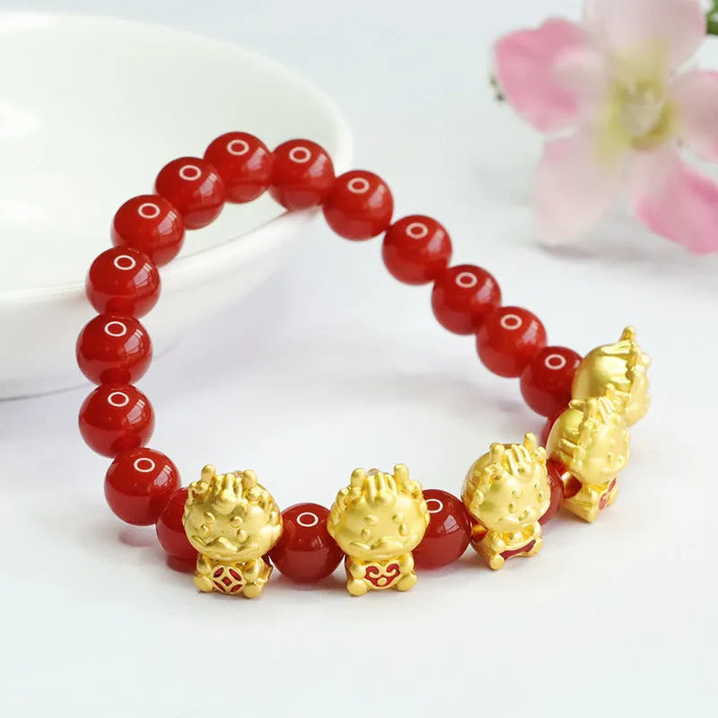 Red agate bracelet with carved Chinese dragon pattern on 8mm beads