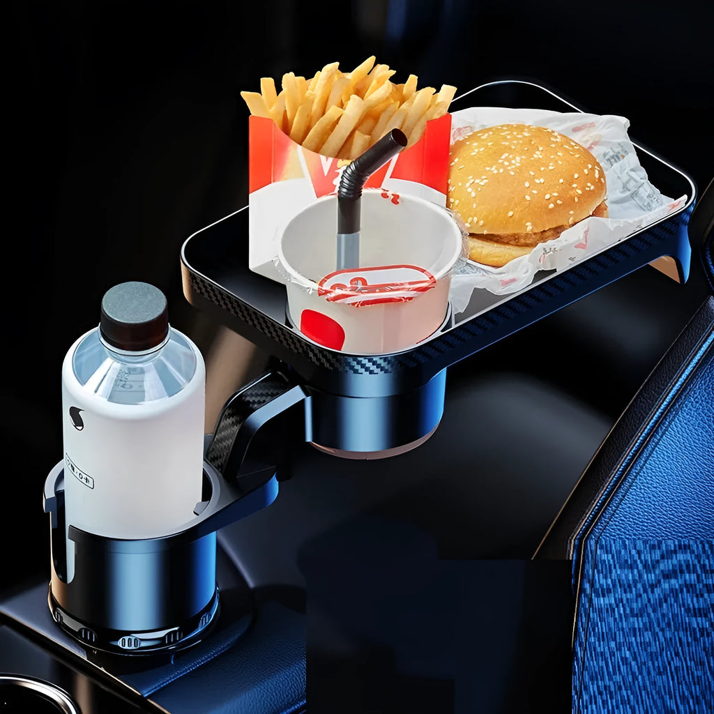 Black ABS plastic car-mounted rotating dinner tray holder showing 360-degree adjustment mechanism