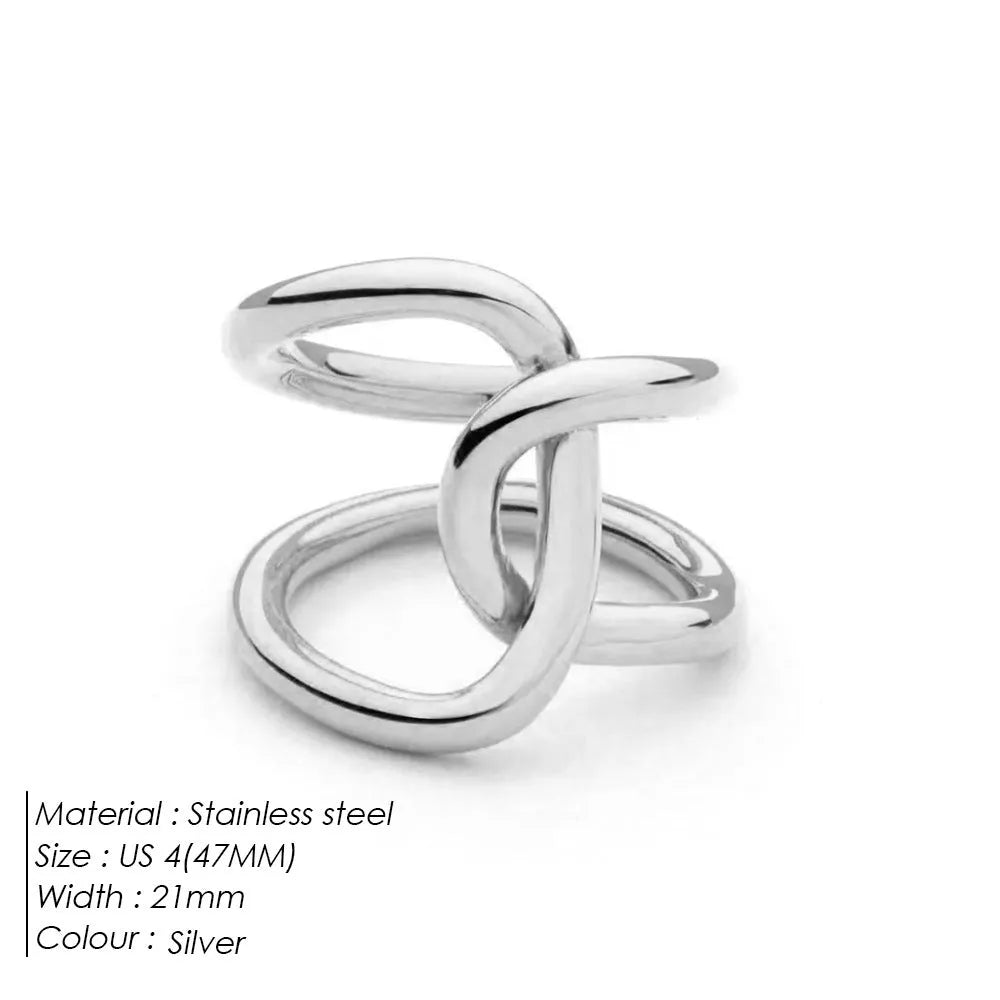 Women's stainless steel geometric ring with a knotted detail and adjustable opening in gold or steel colour.