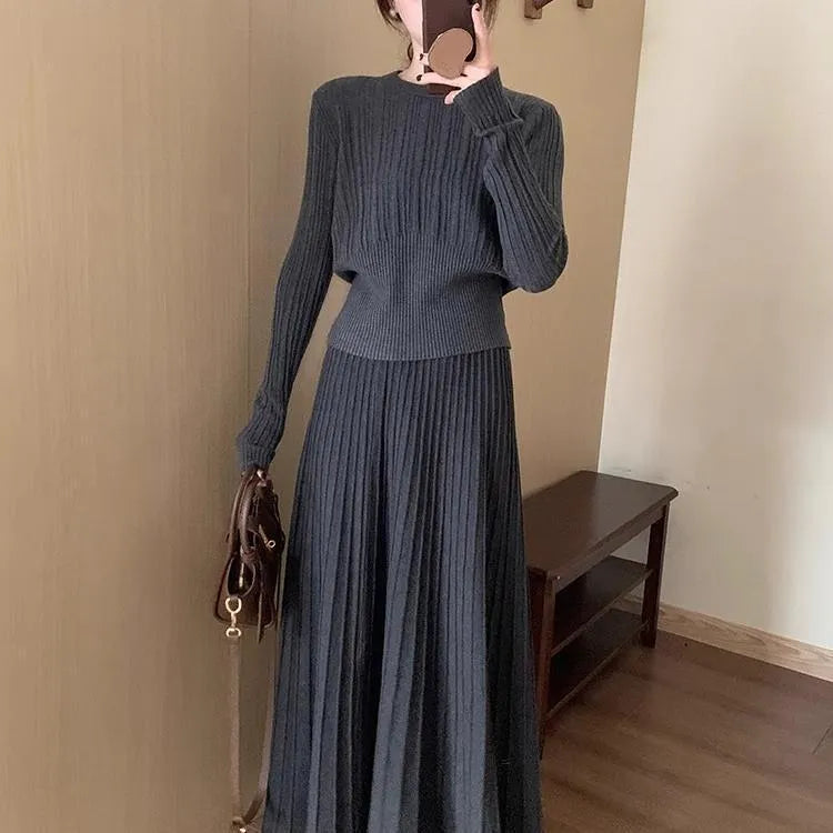 Dark grey ethnic style knitted dress suit with 3D pattern and collage stitching, two-piece set with sweater and skirt
