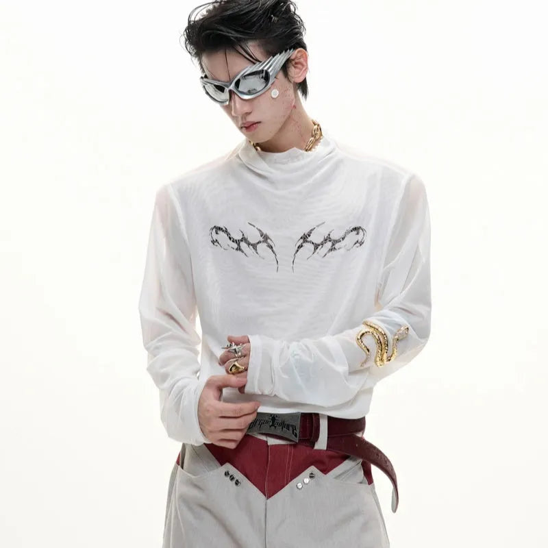 Black niche mesh slim-fit long sleeve bottoming shirt laid flat, showing trendy style and texture.