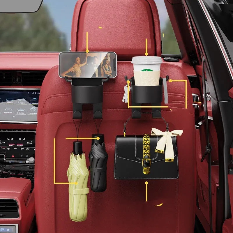 Black plastic car hook seat back organiser with cup holder and hooks for vehicle storage