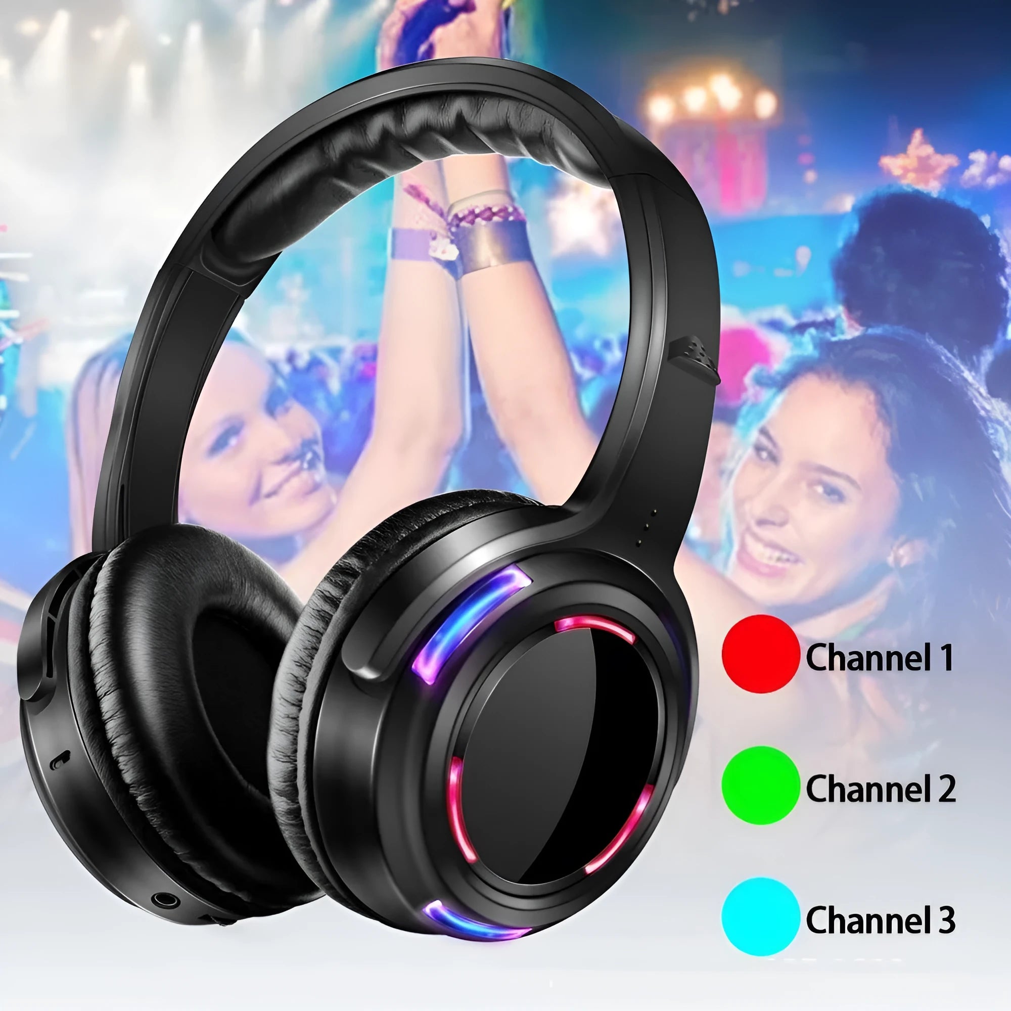 Black silent disco wireless headphones with head-mounted design and 3.5mm plug for transmitter connection