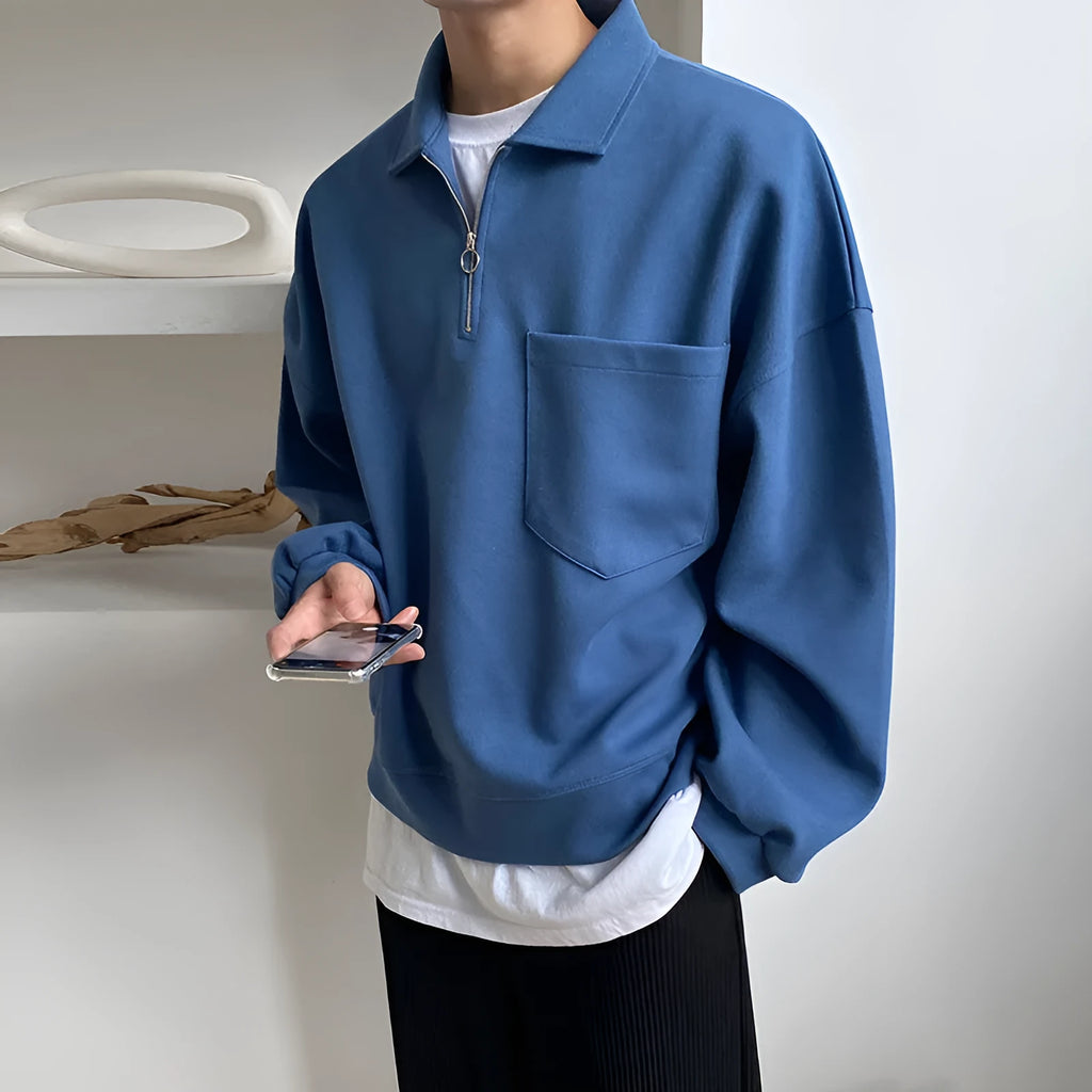 Men's loose long-sleeved cotton top jacket in beige with lapel collar and plain sweater-cloth fabric