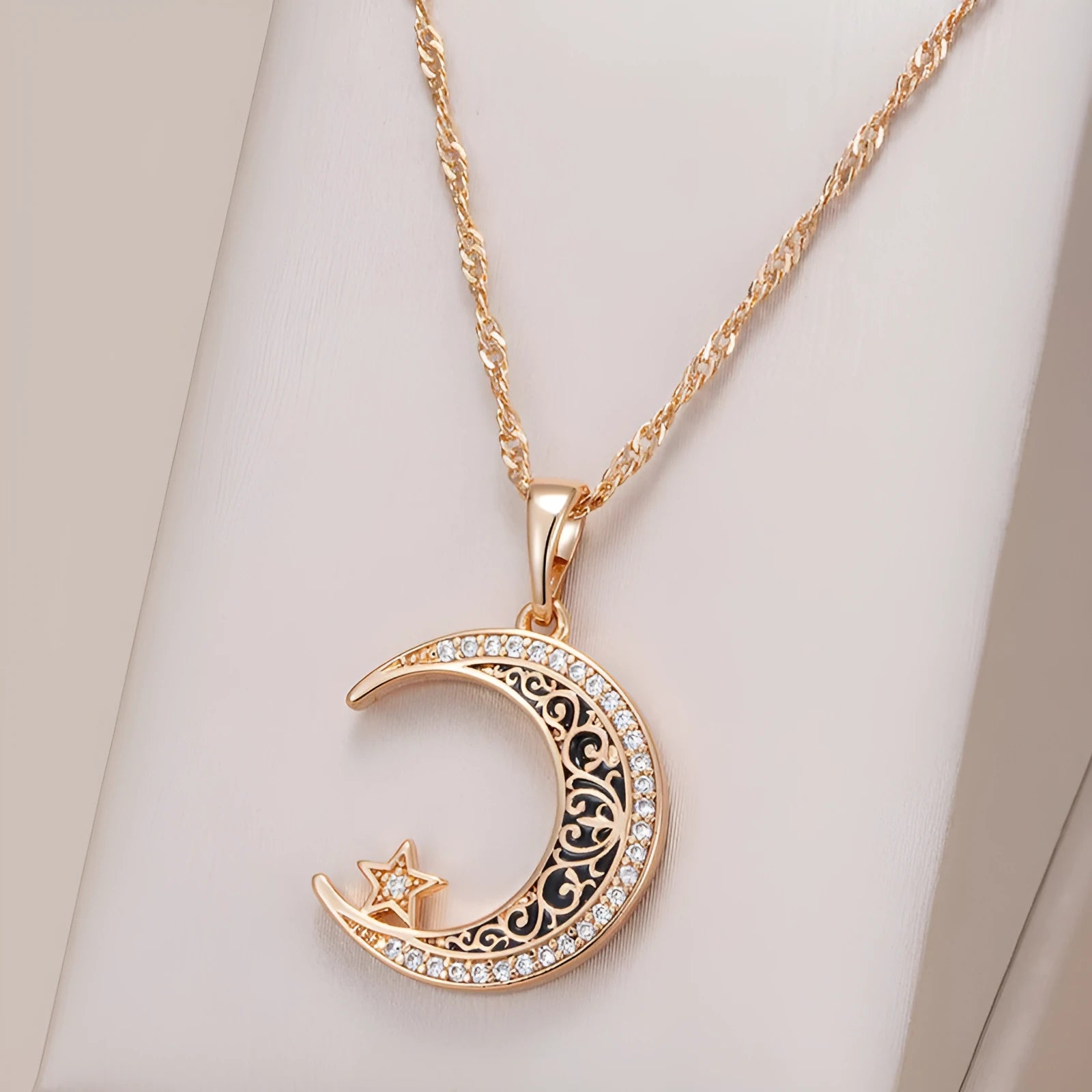 Rose gold plated necklace with star and moon zircon pendant on water wave chain