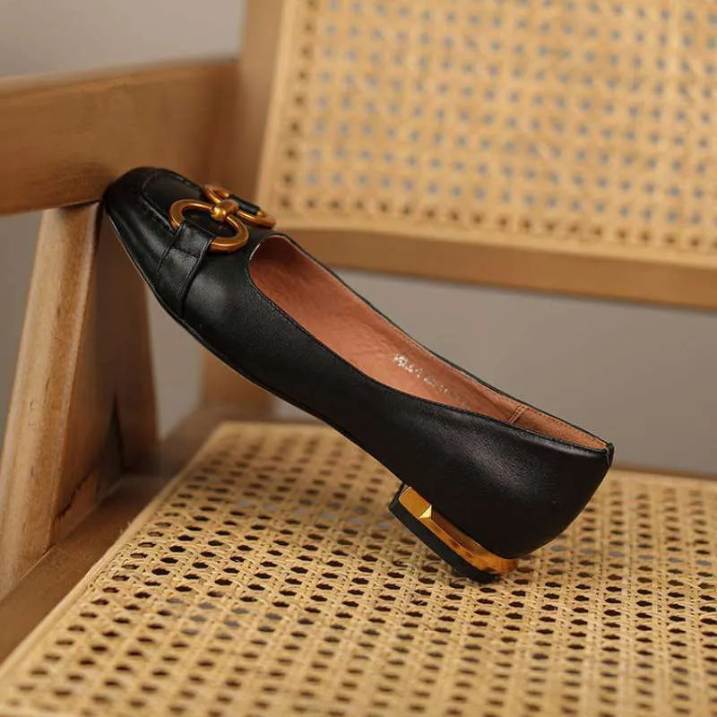 Women's Wanwan Lei style low heel Mary Jane pumps with square toe in apricot colour option