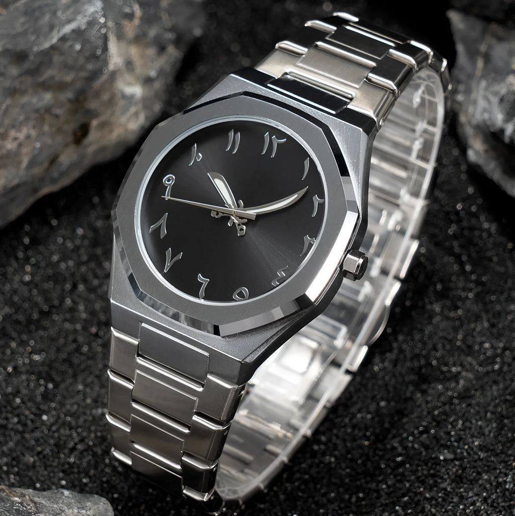 Men's slim business casual watch with steel belt in black, black silver, and silver black colour options.