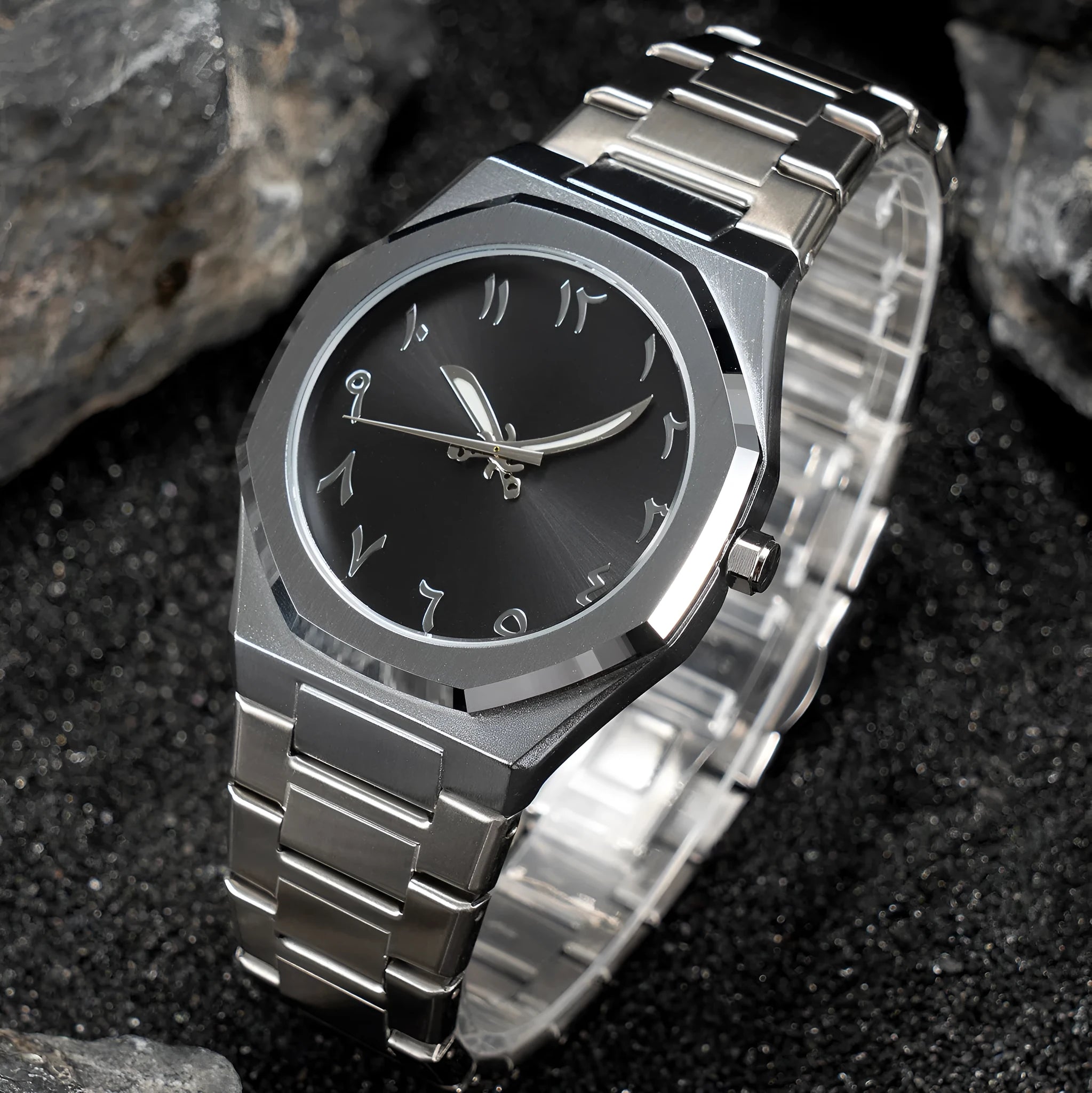 Men's slim business casual watch with steel belt in black, black silver, and silver black colour options.