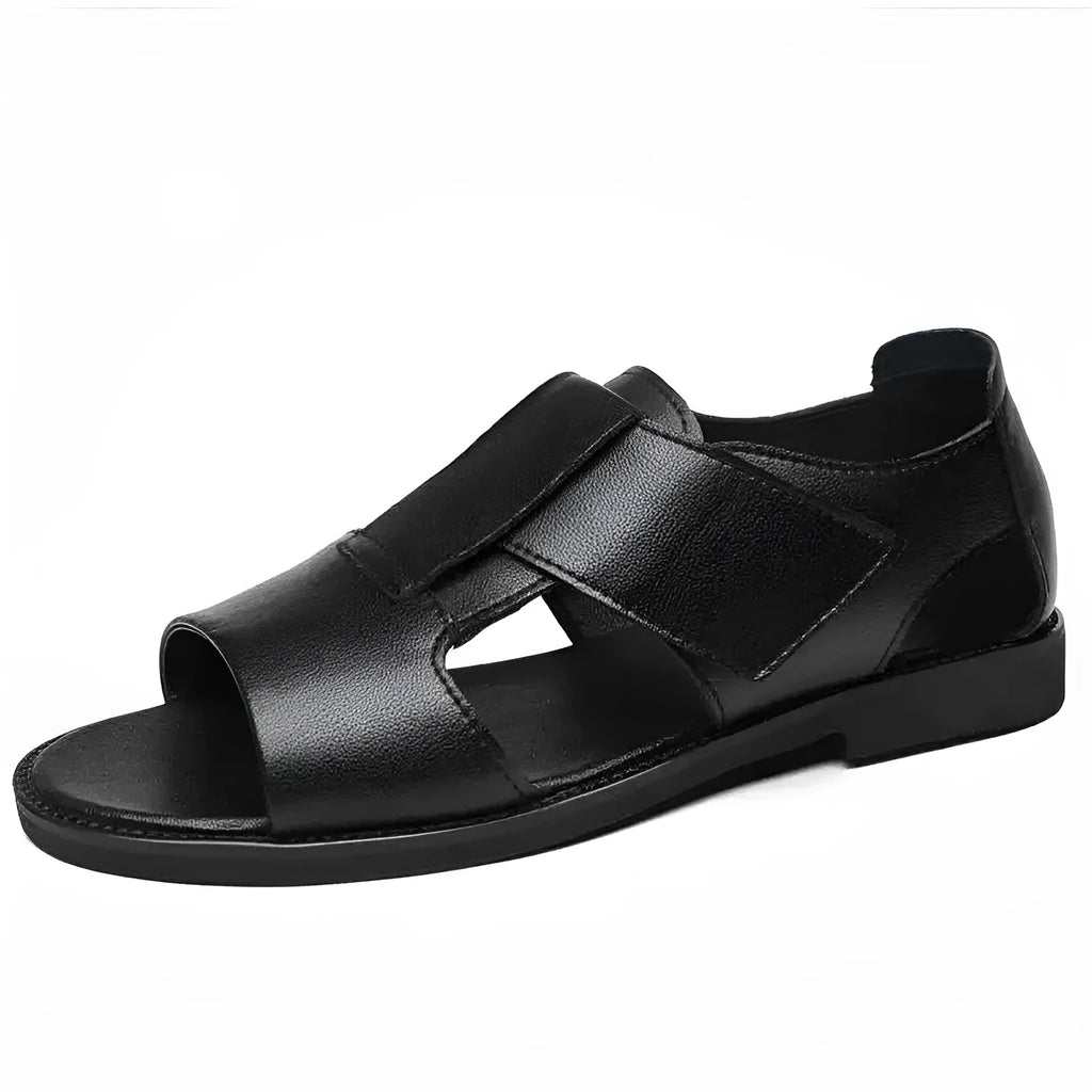 Men's black and brown leather casual sandals with open toe and rubber sole on a neutral background.