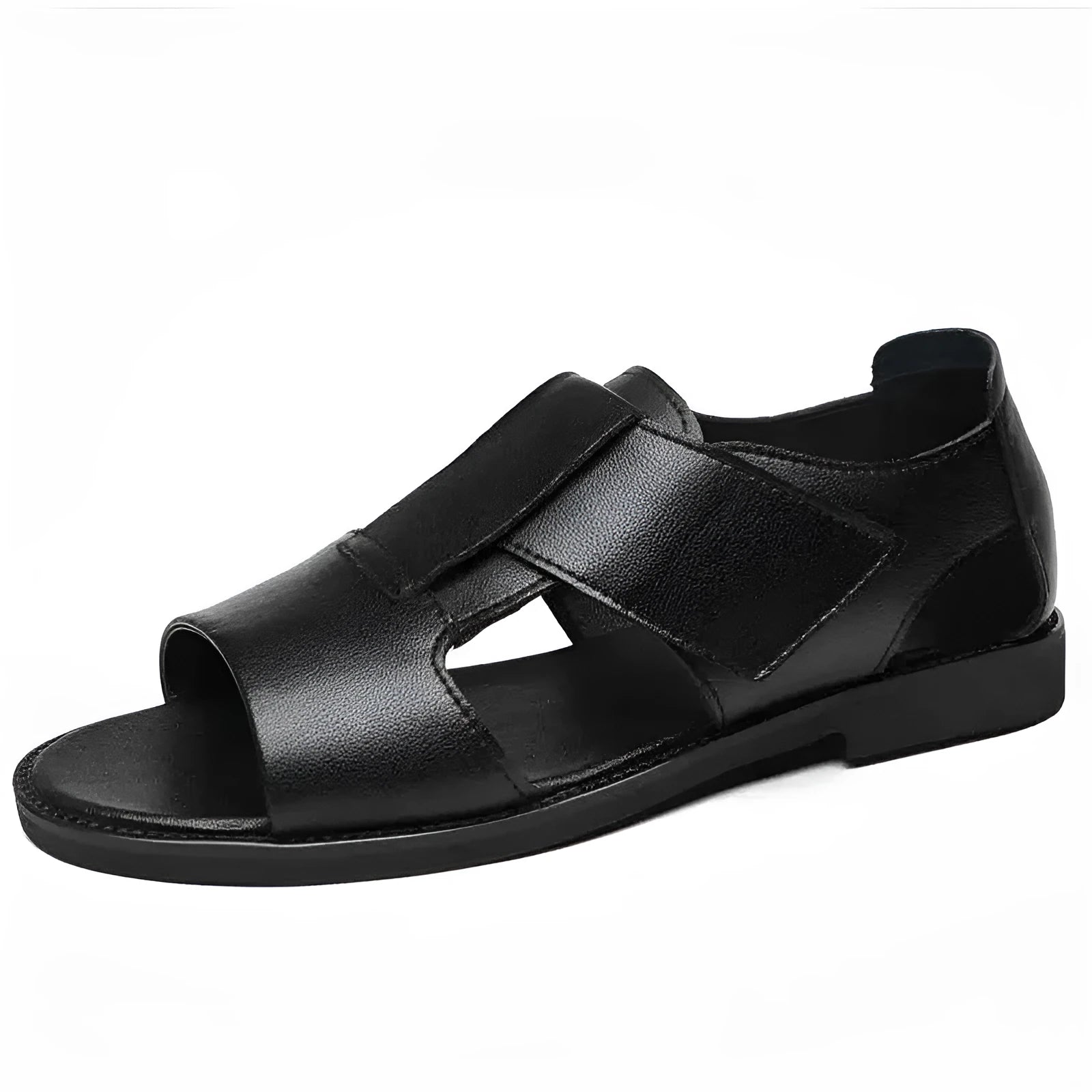 Men's black and brown leather casual sandals with open toe and rubber sole on a neutral background.