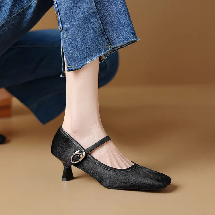 Women's black ankle-strap stiletto heels with a horse hair upper and square toe.