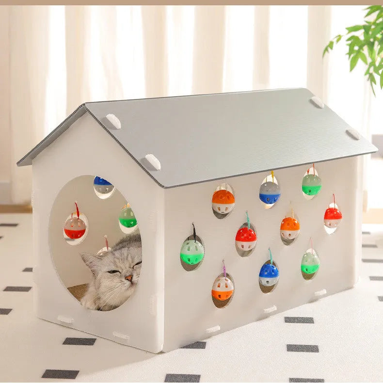 Integrated cat scratch board and nest with plastic tunnel and bell ball toy
