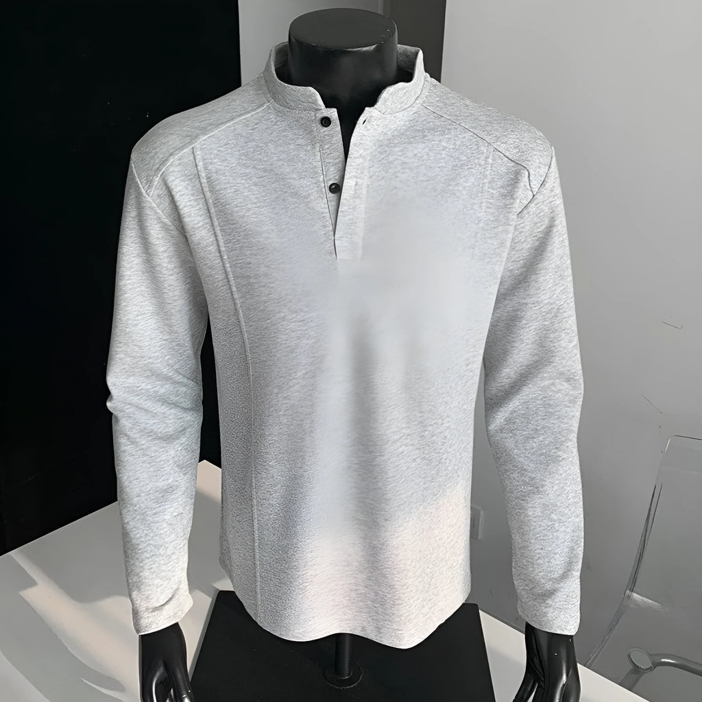 Men's loose fit polo shirt with asymmetric design and patchwork collar in Chinese cotton