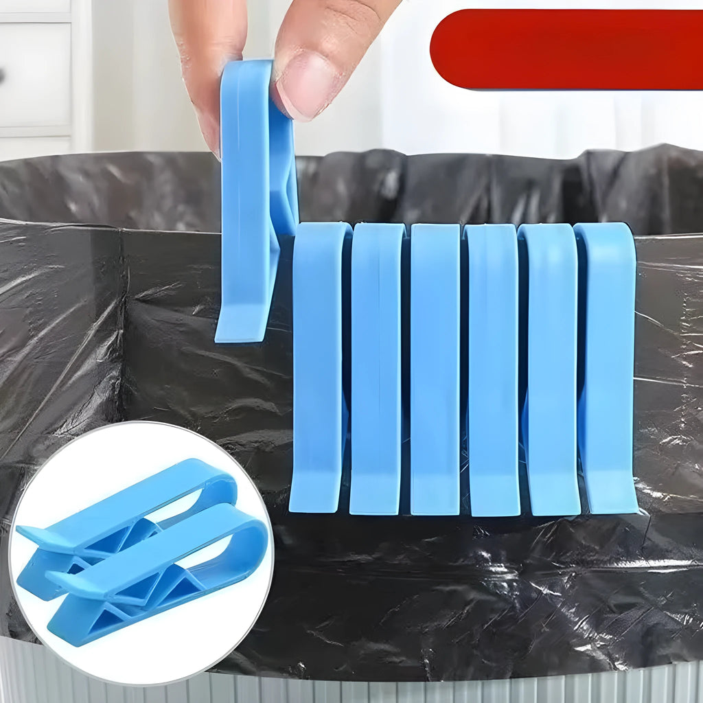 A white polypropylene plastic clip for holding bin bags onto the side of a rubbish bin.