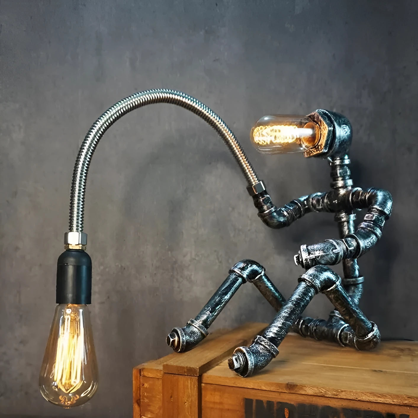 American retro industrial bar table lamp with iron shade on wooden surface