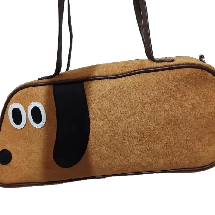 Virtue Pull sausage dog crossbody shoulder bag in toast brown colour, cotton material, large capacity, zipper closure.