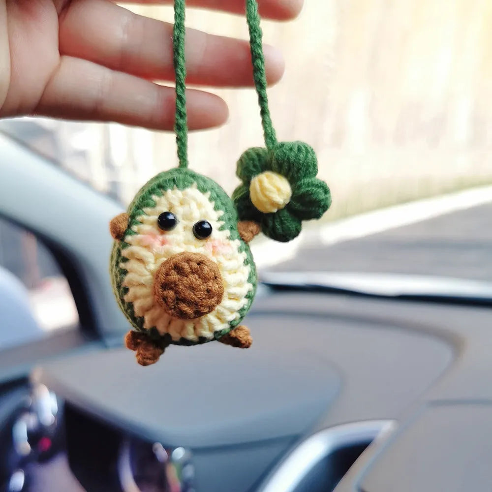 Handmade crocheted car pendant in avocado, pink rainbow, or red rainbow colours