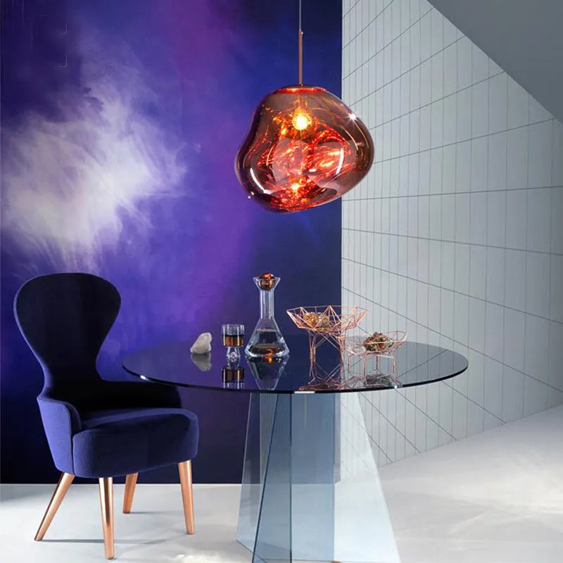 Nordic style lava lamp chandelier with glass body in gold, red copper, or silver metallic finish